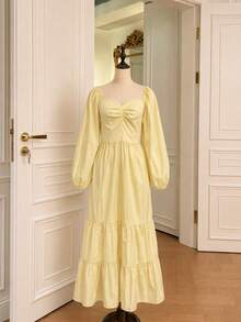 Yellow Square Neck Puff Long Sleeve Layered Maxi Dress, Bohemian Style Flowy Elegant Vacation Dress - Yellow - View 9