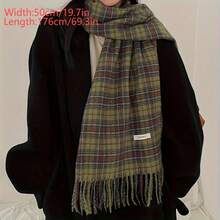 Elegant Green Plaid Scarf With Tassels - Soft & Warm Polyester Shawl For Teens | Hand Washable & Windproof | Perfect For Outdoor Fashion, Non-Deforming, Highly Decorative - Multicolor - View 11