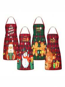 4Pcs Buffalo Plaid Christmas Kitchen Aprons Set, Santa Claus, Snowman, Gingerbread Man, Reindeer Printed Cooking Aprons, Cute Holiday Adjustable Chef Aprons For Home Baking BBQ Xmas Party Gift - Multicolor - View 1