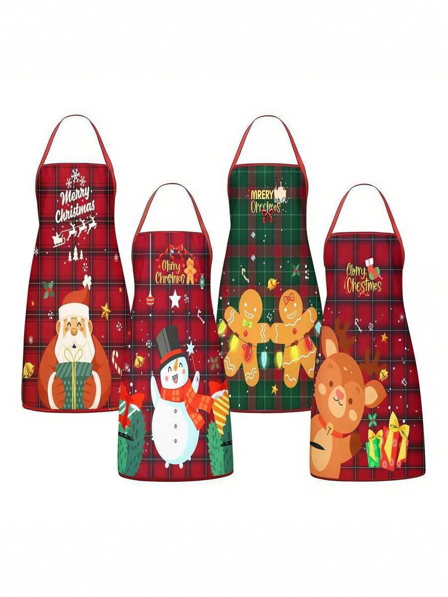 4Pcs Buffalo Plaid Christmas Kitchen Aprons Set, Santa Claus, Snowman, Gingerbread Man, Reindeer Printed Cooking Aprons, Cute Holiday Adjustable Chef Aprons For Home Baking BBQ Xmas Party Gift - Multicolor - View 1