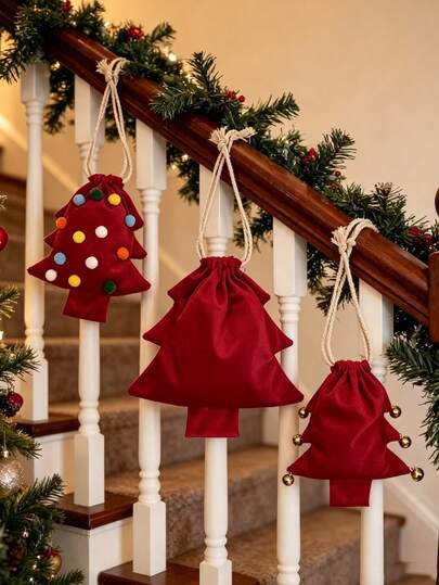 1/3pcs Christmas Tree Shaped Velvet Drawstring Gift Bags, Mini Christmas Candy Gift Bags With Pom Pom/Bell Decoration, Hanging Christmas Tree Decoration Gift Bags, Holiday Party, Candy Packaging Bags, Christmas Small Gift Storage Bags, Christmas Tree Decorations.