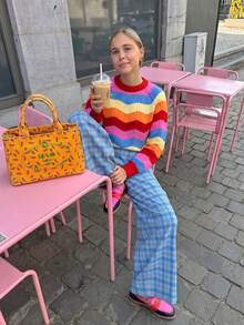 Women's Colorful Striped Knit Sweater, Short Sleeve, Medium Stretch, Regular Length, Pullover, Suitable For Spring, Bohemian Style Casual - Multicolor - View 2