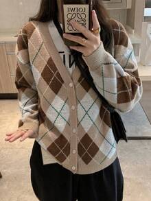 Casual V-Neck Retro Argyle Knit Cardigan - Mocha Brown - View 5