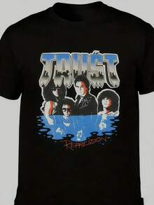 Men's Retro 80s Trust Repression Album Design T-Shirt- France Tour T-Shirt, Retro Band Design, Regular Fit Short Sleeve Casual Wear. Suitable For Musi - 黑色 - 查看 1