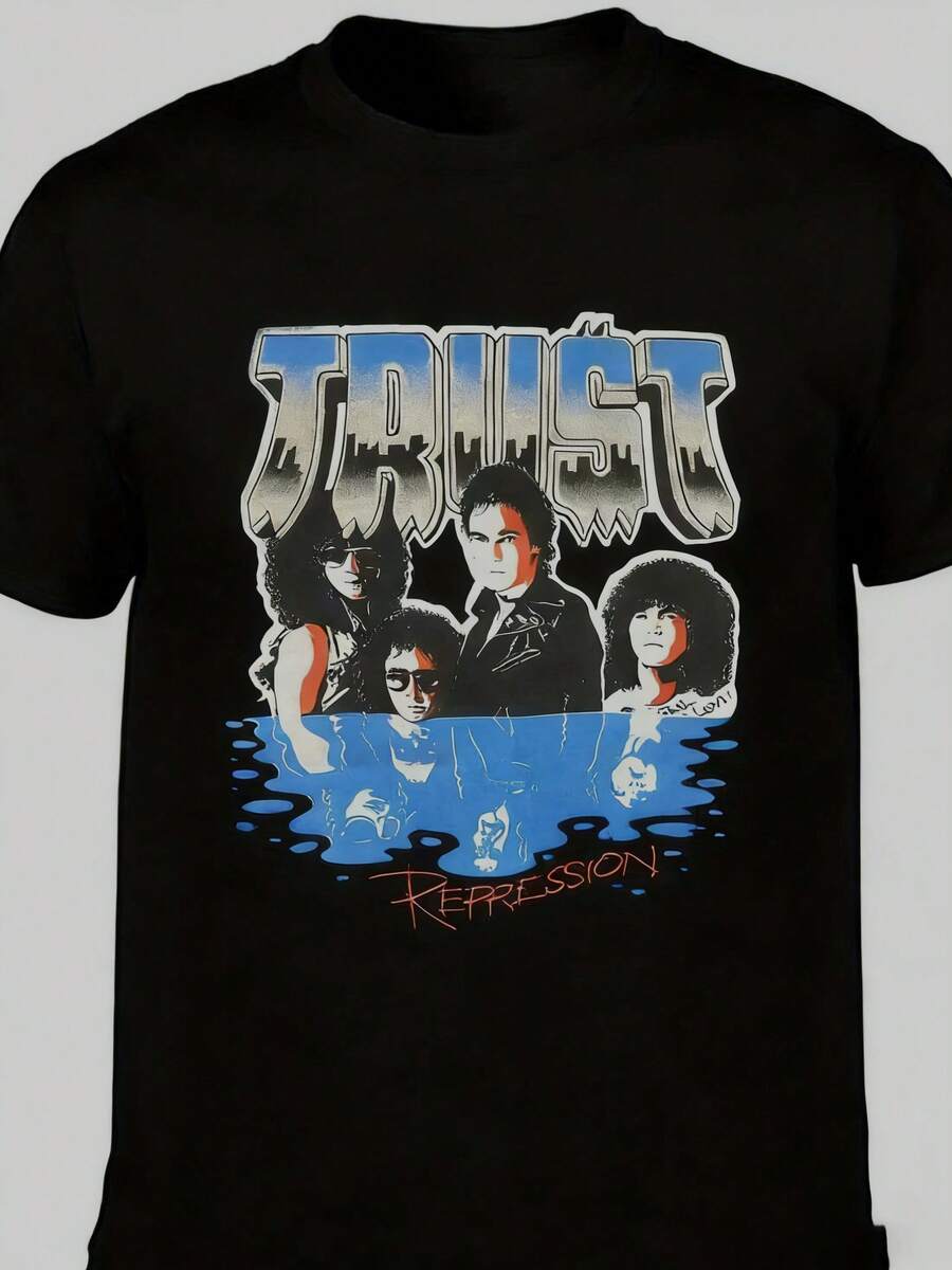 Men's Retro 80s Trust Repression Album Design T-Shirt- France Tour T-Shirt, Retro Band Design, Regular Fit Short Sleeve Casual Wear. Suitable For Musi - 黑色 - 查看 1