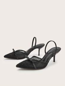 Middle East Mule Shoes Apricot Woven Pointed Toe Closed Toe Open Back Slingback Thin Heel High Heels - Black - View 3