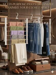 Multi-Functional Pants Storage Rack, Metal Space-Saving Hanger With Anti-Slip Bar, Foldable Pants Rack Holder, Hanging Wardrobe Storage System, Home Closet Organizer For Jeans, Dress Pants, Skirts, Scarves, Mother's Day Gift For Mom - Multicolor - View 3