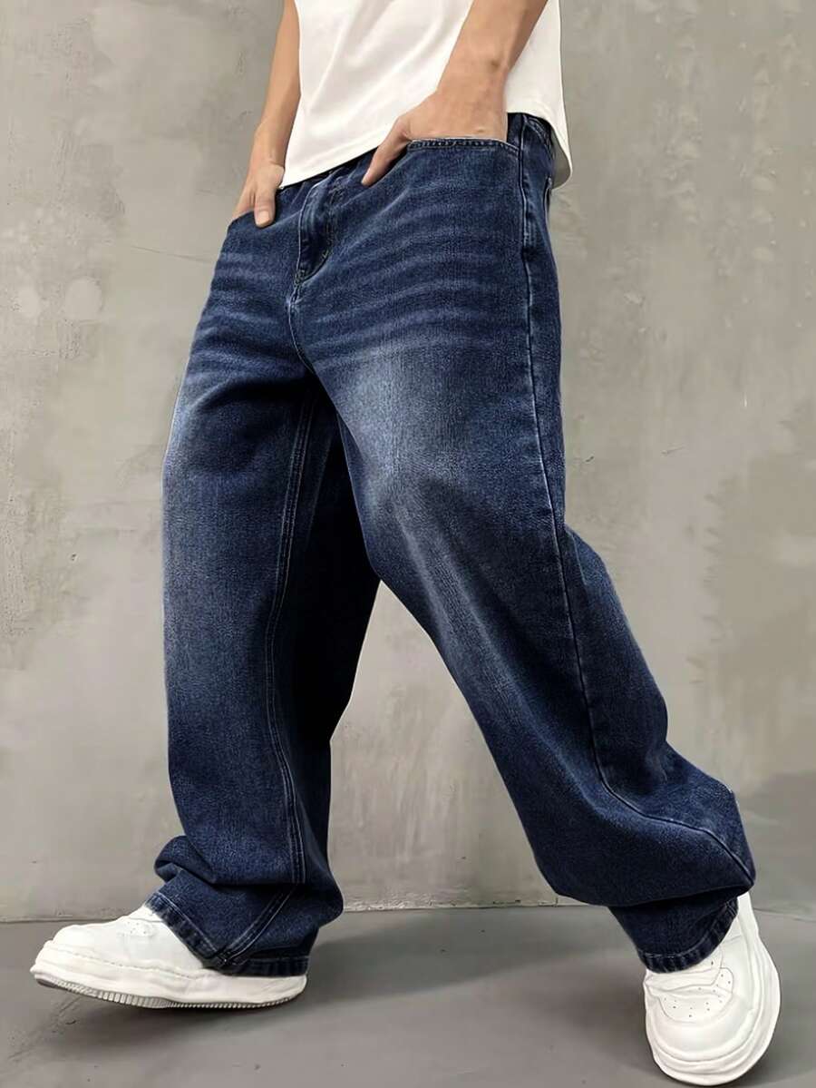 Teenager Casual Loose Fit Vintage Denim Jeans - Royal Blue - View 1