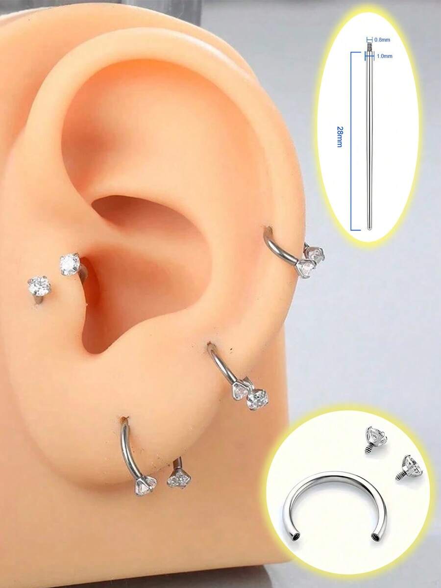 1PC/2pcs/Set Luxury Style Exquisite Versatile Stainless Steel 18G 4-Prong Zirconia C-Shaped Stud Earrings, Sparkling CZ Stainless Steel Spiral Cartilage Piercing Earrings, Suitable For Daily Wear, Can Be Used As Gifts For Various Occasions Like Valentine's Day, Birthday, Graduation Season - 1pc-silver - View 1