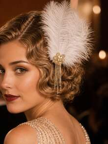 1pc Vintage Gatsby Party Evening Feather Hair Clip Comb, Rhinestone Tassel Decorated Hair Pin, Women's Party Costume Headpiece - FJ2924 - View 2