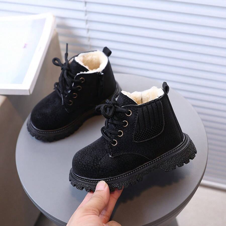 Unisex Kids' Thermal Lined Boots, Toddler Lace-Up Winter Warm Short Boots, Non-Slip Sole Children's Snow Boots - Black - View 1