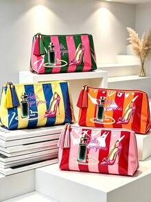 Colorful Striped Beach Makeup Bag With "Hello Gorgeous" Letter, Perfume And High Heel Pattern, Tassel Zipper, Cute Colorful Beach Pattern Decoration, Waterproof PVC Toiletry Bag, Portable Travel Cosmetic Storage Bag, Multi-Functional Toiletry Bag, Vacation Makeup Storage Bag, Perfect For Beach, Pool, Cruise And Holiday Essentials, Birthday Gift, Party Gift, Wedding Gift, Back To School Gift, Travel Souvenir - Multicolor - View 6