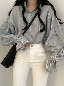 Korean Style Autumn Design Niche Fine Striped Loose Fit Shirt Women Minimalist Versatile Long Sleeve Top - Black - View 3