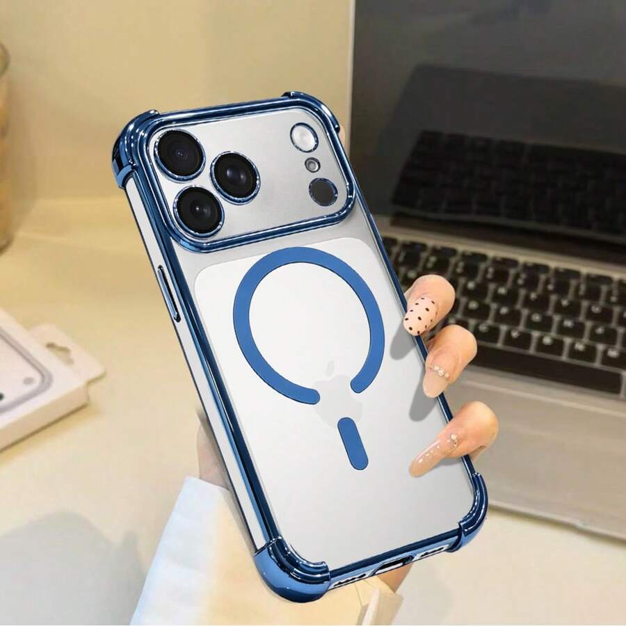 磁吸四角防摔透明電鍍手機殼,適用於 iPhone 11 12 12 Pro Max 13 14 15 Pro Max 16 16 Pro 17 17 Pro Max 18 18 Pro 18 Pro Max - 藍色 - 查看 1