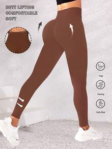 1 pieza Leggings de yoga de cintura alta marrón para mujer - Cintura alta, mezcla elástica de poliéster/spandex, superficie suave, lavable a máquina - Deportes - Marrón - Ver 3