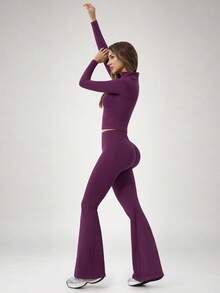 NcmRyu One Set Women's Seamless Ribbed Zip-Up Mock Neck Long Sleeve Flare Pants Sports Set - Purple - View 8