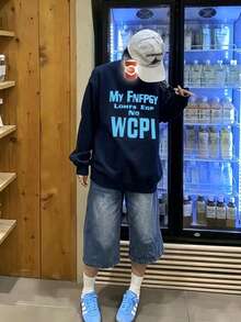 Cool Fashion Navy Blue Versatile Letter Print Casual Loose Crew Neck Sweatshirt Top - Navy Blue - View 3