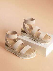 Womens Open Toe Espadrilles Dressy Platform Sandals Slip On Elastic Ankle Strap Wedges Sandals - Apricot - View 3