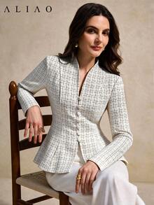 Aliao Autumn/Winter Plaid Shiny Fabric Ruffle Collar Long Sleeve Slim Fit Elegant Jacket, Date Party French Court Style Outerwear Wedding Guest Outfit - White - View 4