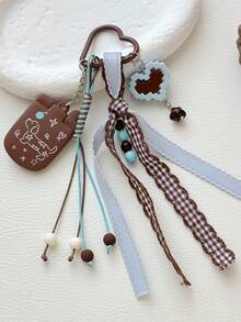 1pc Korean Ins Style Puppy Keychain Blue & Brown Plaid Ribbon Pendant Bag Charm - Multicolor - View 2