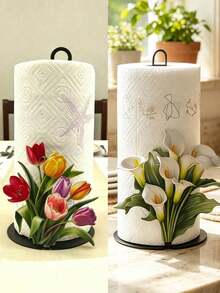 1pc Floral Tissue Box, Tulip And Calla Lily Design, Premium Decorative Tissue Box, No Drilling Required, Surface Mount, Reusable, Suitable For Kitchen, Bathroom And Party - Multicolor - View 1
