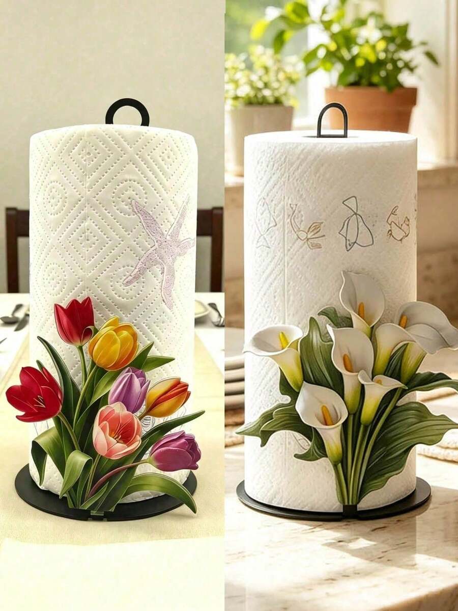 1pc Floral Tissue Box, Tulip And Calla Lily Design, Premium Decorative Tissue Box, No Drilling Required, Surface Mount, Reusable, Suitable For Kitchen, Bathroom And Party - Multicolor - View 1