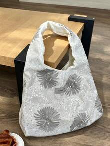 開學季小眾設計 Ins 風格 春季優雅雛菊亮片帆布腋下肩背包 大號 Hobo 流浪包 大容量女款托特肩背包 - 白色 - 查看 2