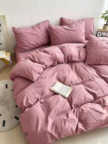 Blue & White Colorblock Washed Polyester Skin-Friendly 3 PiecesDuvet Cover Set - Watermelon Pink - View 4