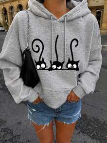 Es Trus, Autumn And Winter Women's Cute Cat Pattern Printed Street Fashion Korean Version Retro Comfortable Y2k Clothing Light Gray Hooded Sweatshirt - Light Grey - View 2