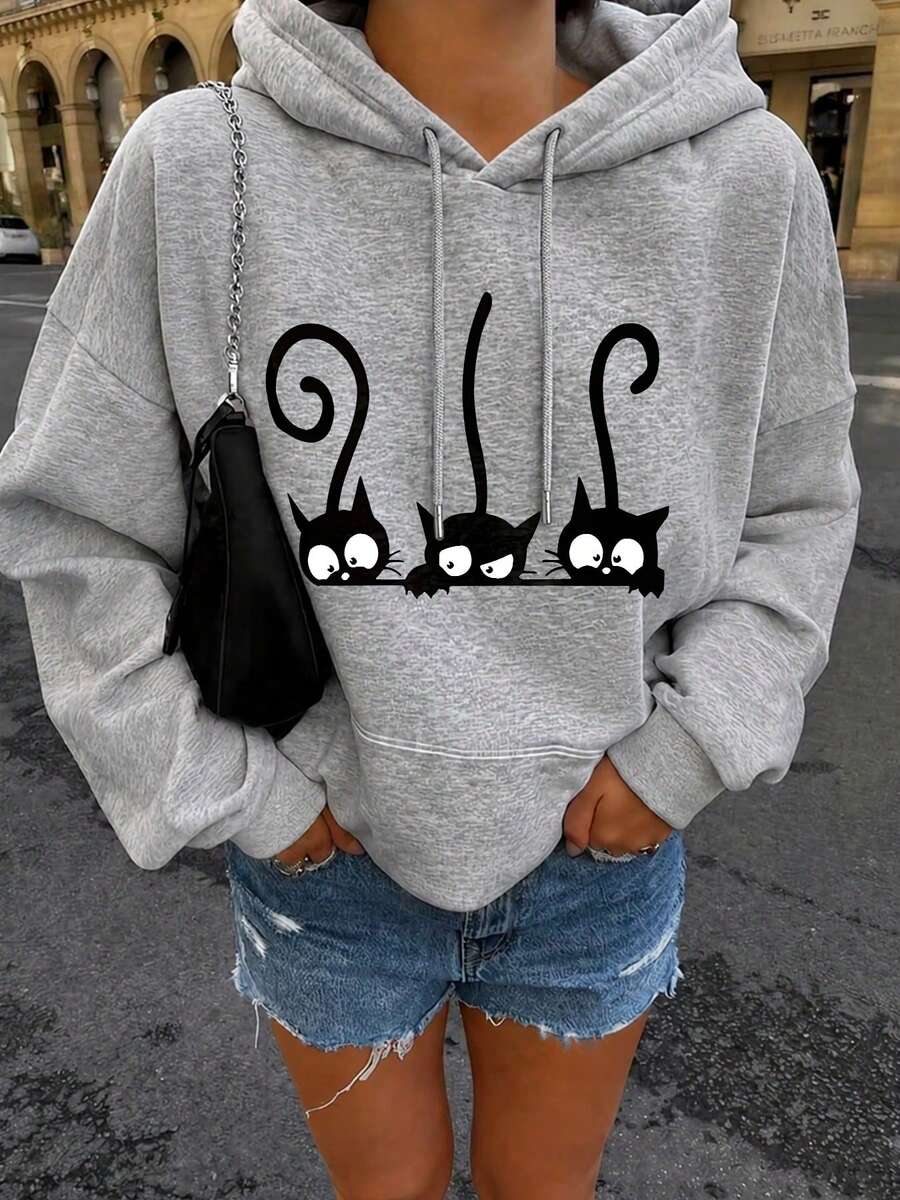 Es Trus, Autumn And Winter Women's Cute Cat Pattern Printed Street Fashion Korean Version Retro Comfortable Y2k Clothing Light Gray Hooded Sweatshirt