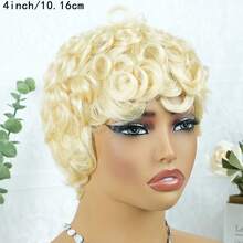 AMECIRE Wig Pixie Cut Keriting Emas, Wig 613, Wig Rambut Manusia dengan Poni, Wig Rambut Pendek Wanita, Bentuk Mengembang 4 Inci, Cocok untuk Semua Orang - S613 - View 5
