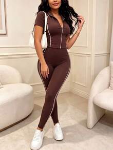 Spring/Autumn Women's New Round Neck Short Sleeve T-Shirt And Casual Daily Elastic Waist Loose Long Pants 2 Pieces Set, Lightweight Outfit Suitable For Daily Commute And Other Occasions - Dark Brown - View 3
