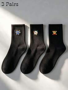 1/3/6 Pairs Cartoon Monster Embroidered Men's Mid-Calf Sports Socks, Breathable And Moisture-Wicking, Daily Sports Basketball Socks, All-Season Versatile - Black and White - View 16