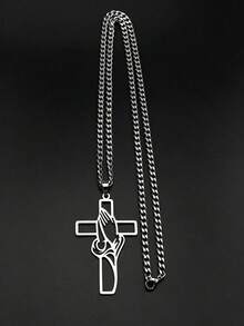 Hollow Cross Praying Hands Pendant Necklace For Women Men Stainless Steel Silver Color Christian Faith Chain Amulet Jewelry - Necklace - View 6