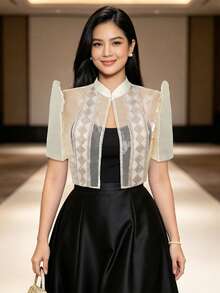 蝴蝶袖菲律賓風女款短袖拼接泡泡袖開襟上衣，夏季時尚優雅女式短版外套 - 香檳色 - 查看 5