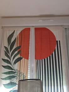 2pcs Bohemian Style Sun And Green Leaf Pattern Curtains, Featuring Medieval Modern Geometric Design With Orange Sun, Green Leaves And Black Stripes. 2D Flat Printing, Minimalist Artistic Style, Suitable For Living Room And Home Office - Multicolor - View 12