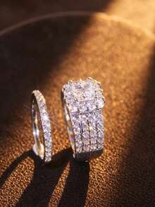 Yayi jewelry 2PCS Women's Fashion Luxury Minimalist Elegant Multi-Layer Full Zirconia Stackable Rings, Perfect Gift For Engagement, Proposal, Wife, Lover, Mother, Friend - White - View 8