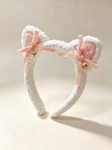 1PC Plush Cat Ear Headband, Soft White Lamb Wool Cat Ears With Pink Ribbon Bow And Bell, Cute Girl Face Wash Non-Slip Headband, Daily Commute Fashion Versatile Hair Accessory - White - View 1
