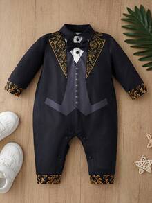 Vintage Floral Gentleman Style Baby Boy Jumpsuit, Gold Foil Pattern Lapel Snap Button Infant Wear - Multicolor - View 2