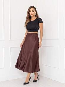 Elegant Long Satin Skirt Women's Fashion With Side Zipper Code167 - MARROM - 查看 1