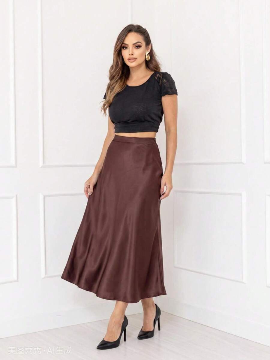 Elegant Long Satin Skirt Women's Fashion With Side Zipper Code167 - MARROM - 查看 1