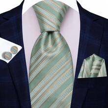 Mint Green Striped Necktie Pocket Square Cufflinks Tie Clip 4pcs Kit For Summer Patio Wedding & Backyard Cocktail Gathering - Mint Green - View 3
