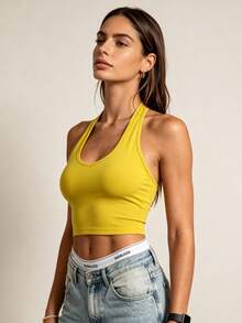 Runway Rest 1pc Women's Yellow Racerback Sports Bra Suitable For Fitness, Yoga, Workout - Yellow - View 3