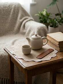 1pc Brown Base White Edge Wavy Shape Placemat, Natural Wabi-Sabi Style Fabric Material, Round Wavy Edge With Blue Binding Detail Decoration, Stain-Resistant Tabletop Protection, Functional Dining Table Decor, Suitable For Daily Tea Ceremony And Minimalist Home Decor - Brown - View 4