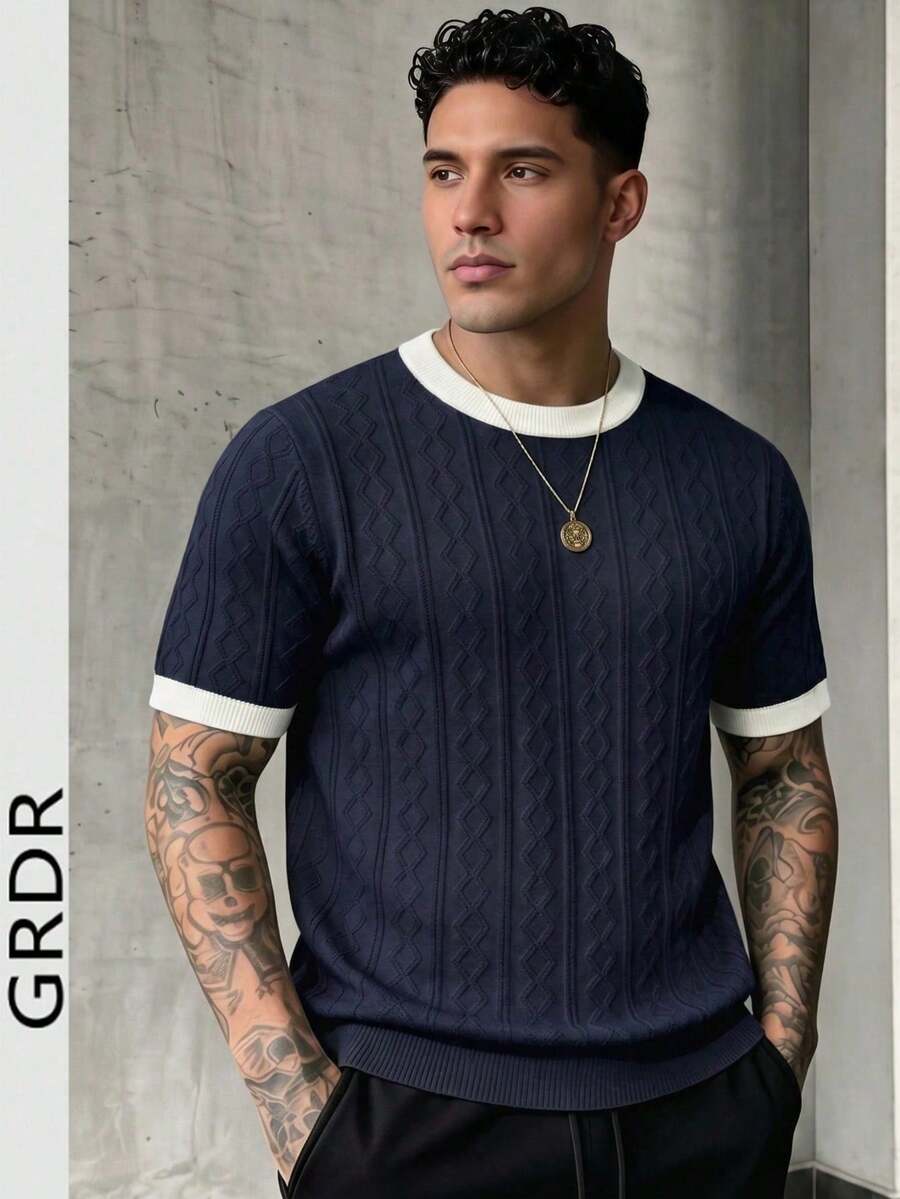 GRDR 男士圓領針織 T-shirt 上衣-極簡時尚日常穿著 - 藏蓝色 - 查看 1