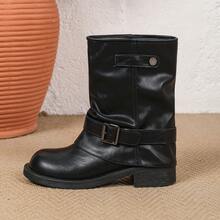 Women's Motorcycle Ankle Boots, Ruched Mid-Calf Riding Boots, Vintage Chunky Heel 4cm, Belt Buckle Slouchy Boots - Black - View 4