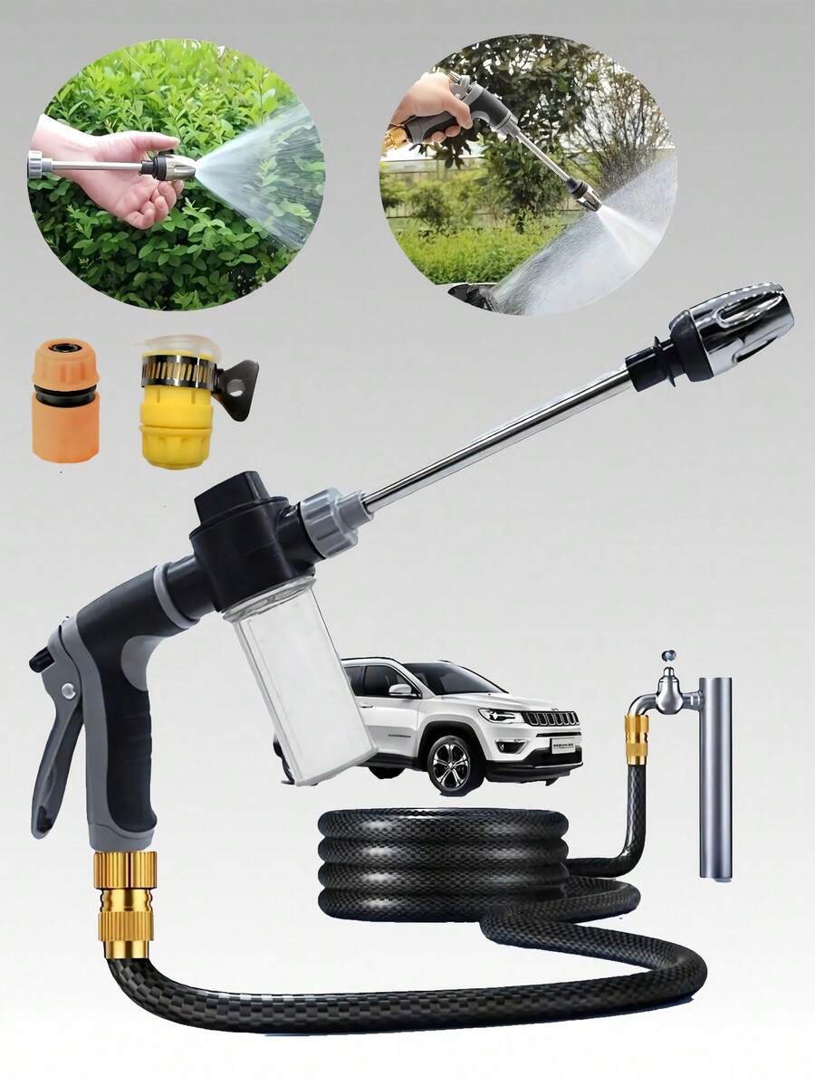 1pc Portable High Pressure Water Spray Gun With Foam Bottle, Car Wash Foam Spray Gun Hose Nozzle Set, Adjustable Spray Cleaning Gun, Suitable For Car Cleaning, Garden Watering, Outdoor Cleaning, Multi-Function Pressure Washer Spray Set - Multicolor - View 1