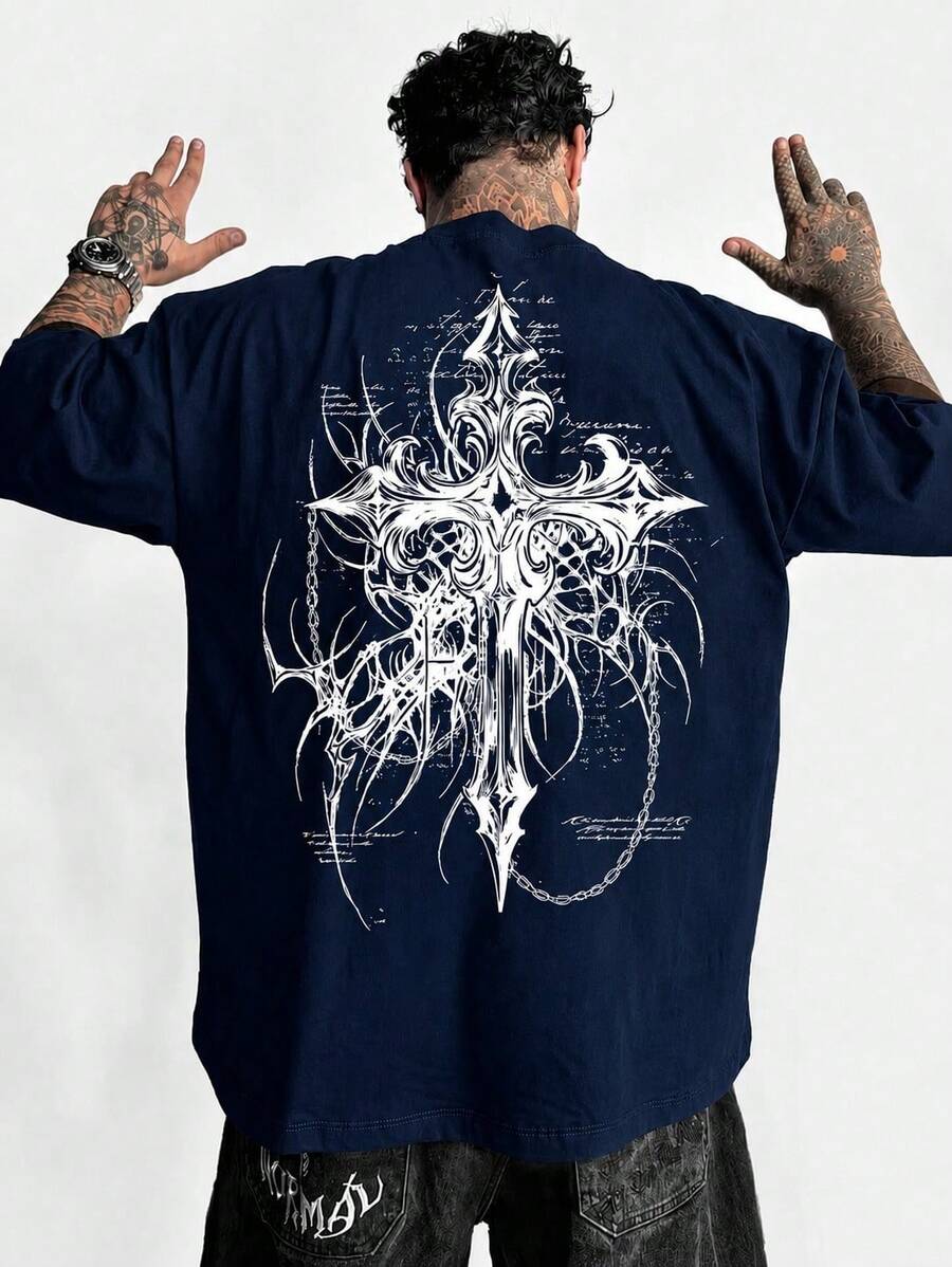 HAFIME Men's Gothic Cross Streetwear Casual Cotton T-Shirt Short Sleeve Back Print - 藏蓝色 - 查看 1