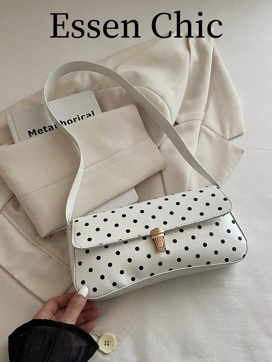 1pc White Polka Dot PU Baguette Shoulder Bag For Women