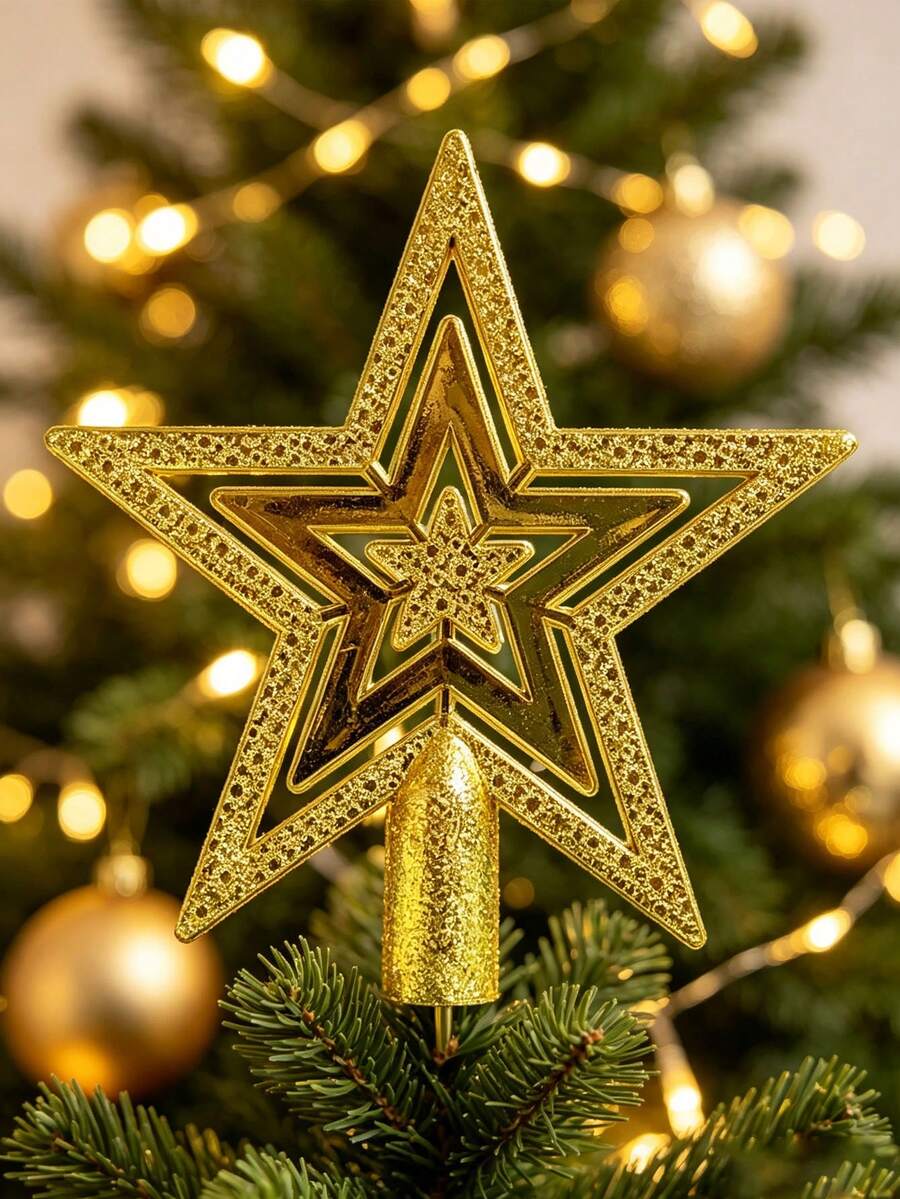 1 Set Christmas Tree Topper - Gold Hollow Five-Pointed Star Decoration, Glitter Finish, Christmas And New Year Holiday Decor